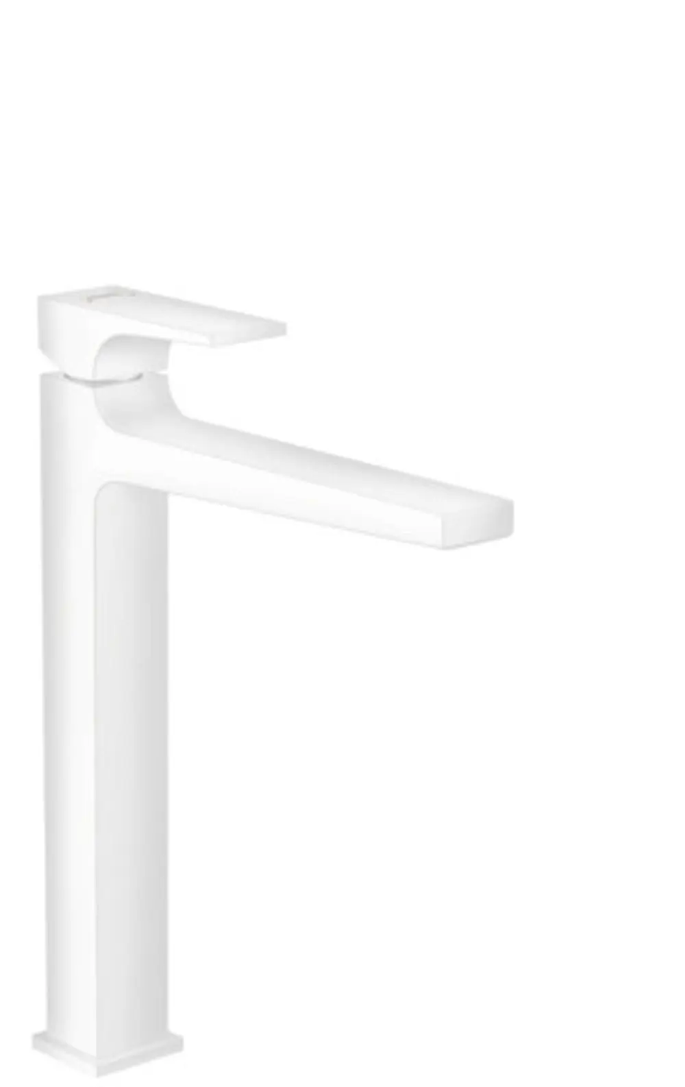 Einhebel-Waschtischmischer in Mattweiß von Hansgrohe mit flachem Hebelgriff, geeignet für Aufsatzwaschtische und ausgestattet mit einer Push-Open Ablaufgarnitur.